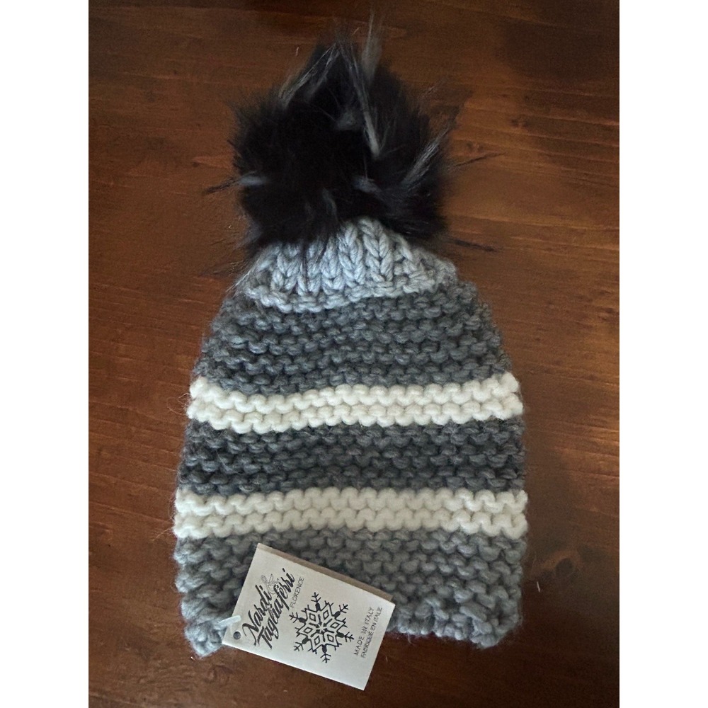 Nardi Tagliaferri Wool Blend Pompom Hat NWT Gray Striped Italy